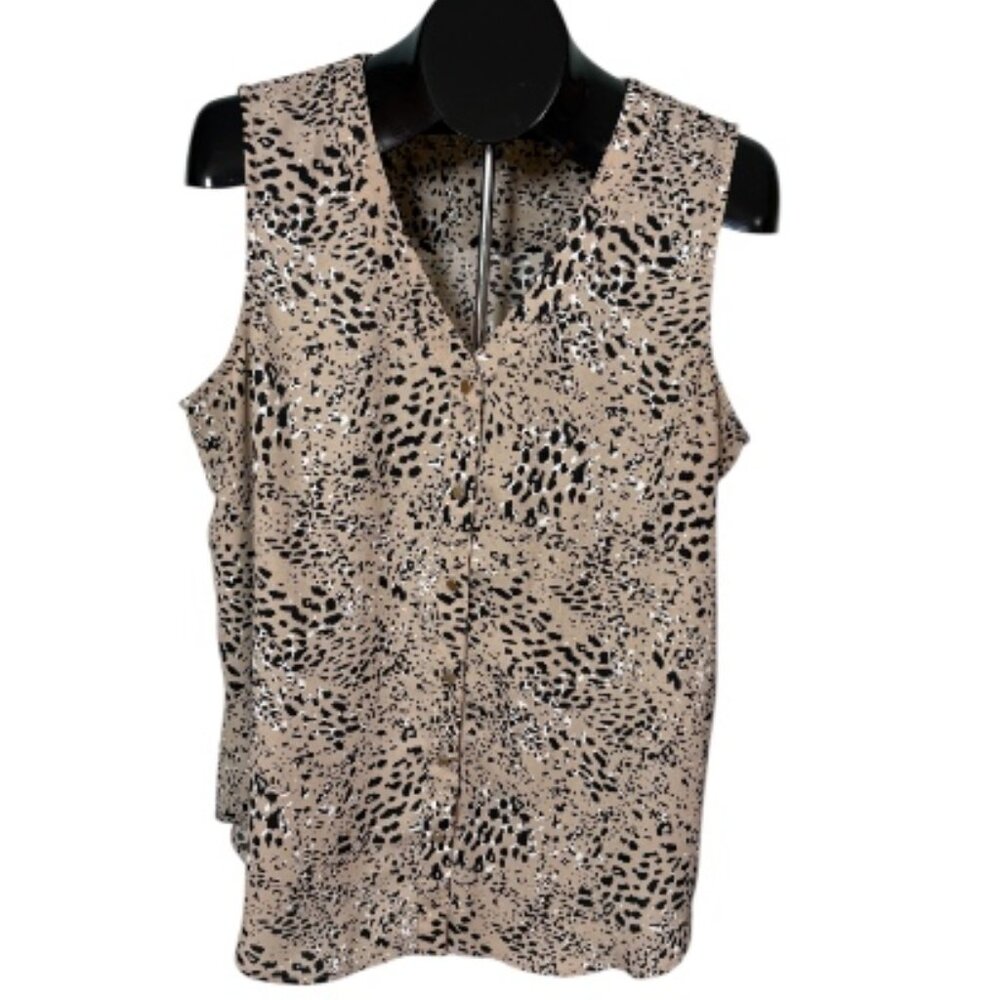 Maurices Sleeveless Leopard Animal Print Button Up Top Blouse XL Beige Black